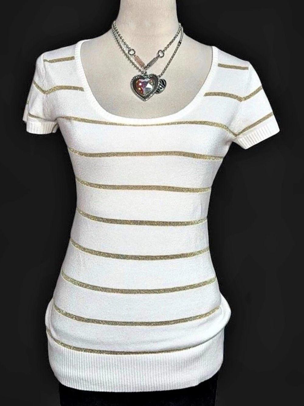 bebe Striped Short Sleeve Top in White & Gold Size Small